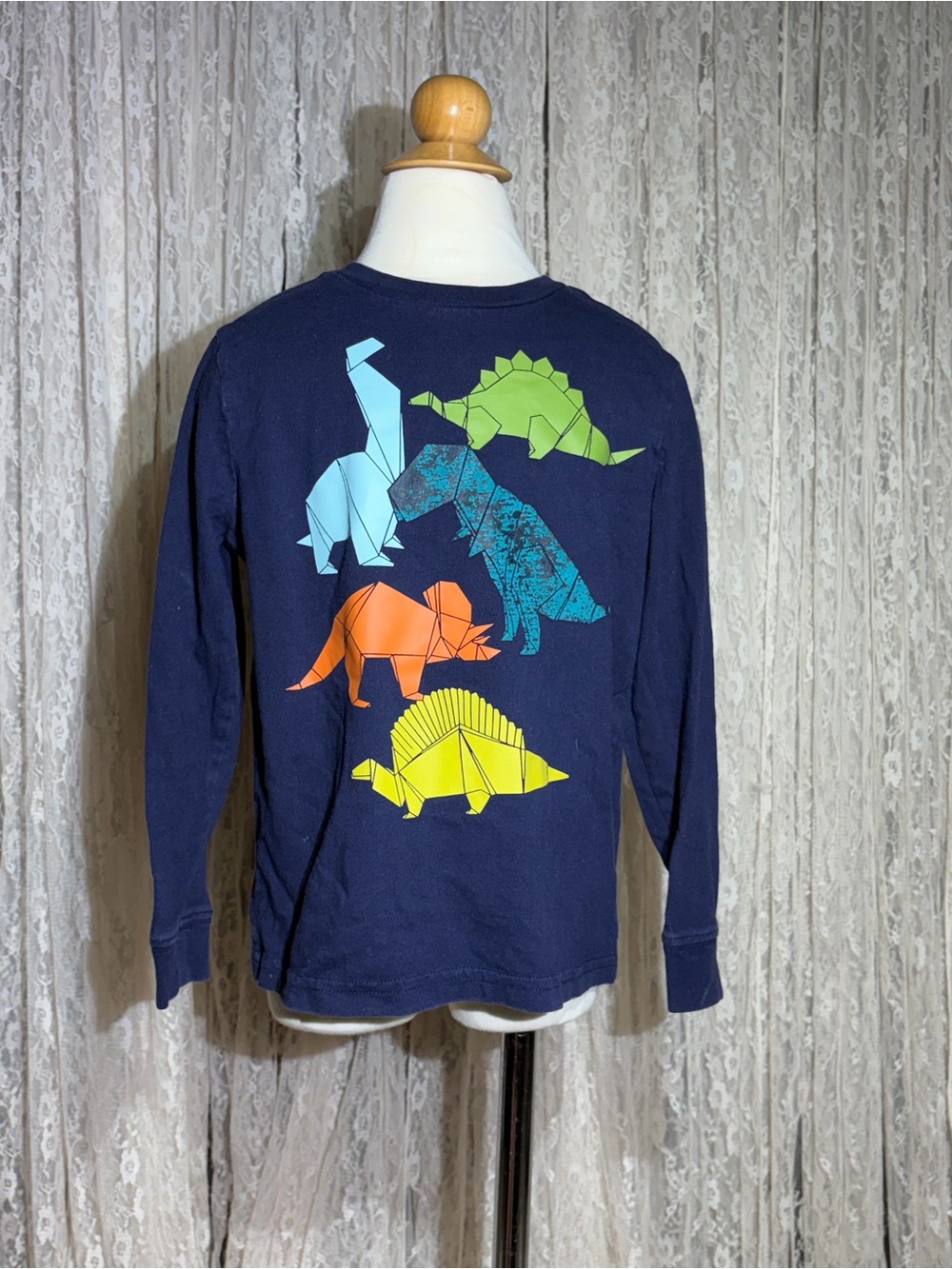 Navy Long-Sleeve Kids Tee with Colorful Origami Dinosaur Art